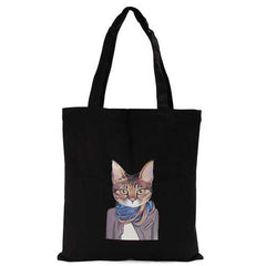 Women Cat Black Canvas Handbags Totes Large Capcity Shoulder Bags Shopping Bags