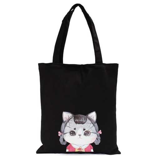 Women Cat Black Canvas Handbags Totes Large Capcity Shoulder Bags Shopping Bags