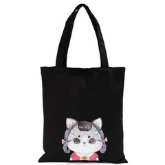 Women Cat Black Canvas Handbags Totes Large Capcity Shoulder Bags Shopping Bags