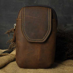 Men Genuine Leather Iphone Small Outdoor Zipper Brown Blue Waist Bag