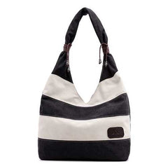 Women Casual Stripe Canvas Handbags Capacity Shoulder Bags Contrast Color