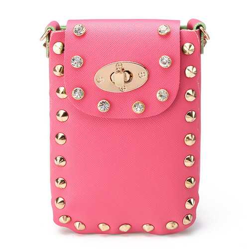 Women Chain Rivet Shoulder Bags Lock 6.5 Inch Phone Bags Case Crossbody Bags