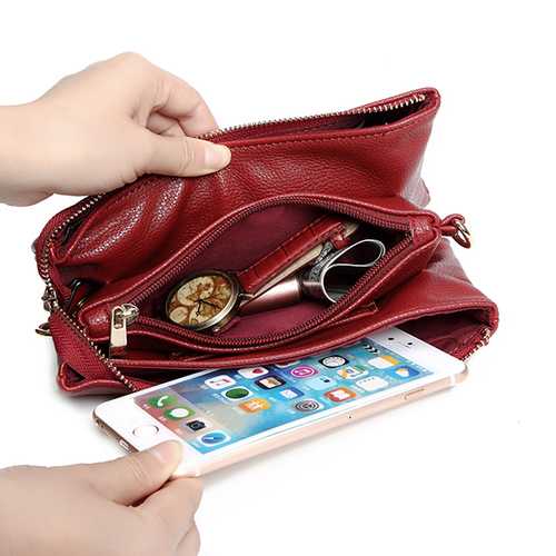 Three-layers Genuine Leather Pure Color Shoulder Bags Crossbody Bags Clutch Phone Bag