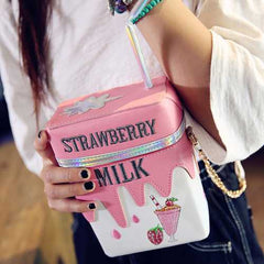 Women Funny Shoulder Bag Strawberry Milk Box Crossbody Bags Girl Small Bag Purse