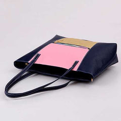 Women PU Leather  Large Capacity Color Block Handbag Shoulder Bag