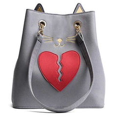 Women PU Leather Cat Shape Handbag Heartbroken Kitty Shoulder Bag