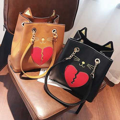 Women PU Leather Cat Shape Handbag Heartbroken Kitty Shoulder Bag
