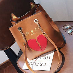 Women PU Leather Cat Shape Handbag Heartbroken Kitty Shoulder Bag