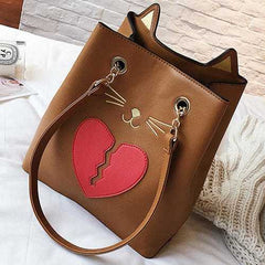Women PU Leather Cat Shape Handbag Heartbroken Kitty Shoulder Bag