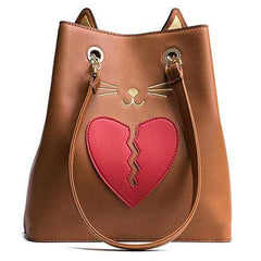 Women PU Leather Cat Shape Handbag Heartbroken Kitty Shoulder Bag