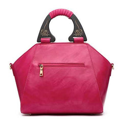 Women PU Leather National Style Decorative Rose Wooden Handl