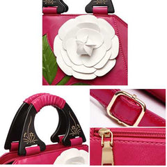 Women PU Leather National Style Decorative Rose Wooden Handl
