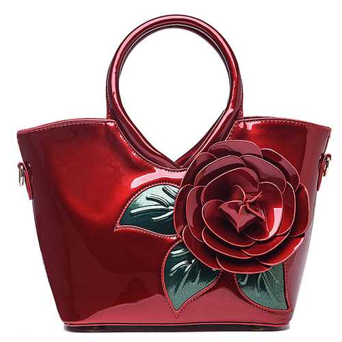 Women Pearl Patent Leather Coloful Flower Handbag