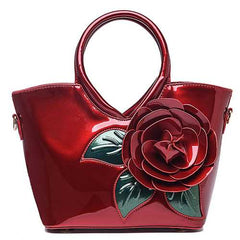 Women Pearl Patent Leather Coloful Flower Handbag