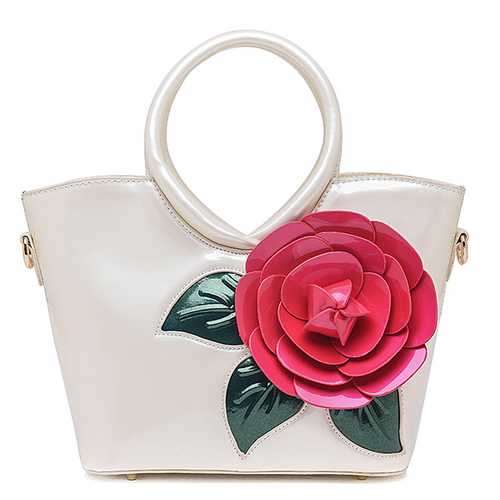 Women Pearl Patent Leather Coloful Flower Handbag