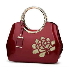 Embroidery Flower Bright Patent Leather Shell Ladies Handbag