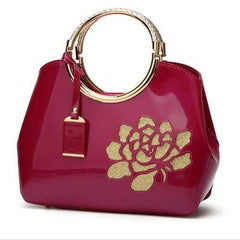 Embroidery Flower Bright Patent Leather Shell Ladies Handbag
