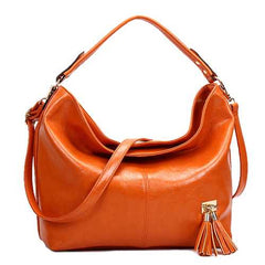 Oil Leather Tassel Women Tote Bag Casual Retro Hobos Bag