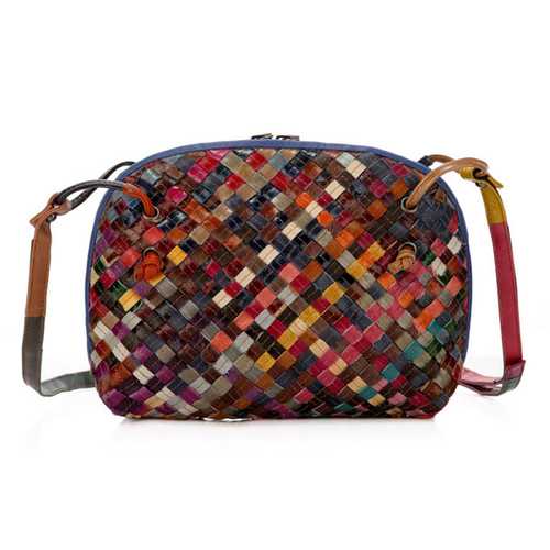 Women Woven Patchwork Cowhide Crossbody Bag