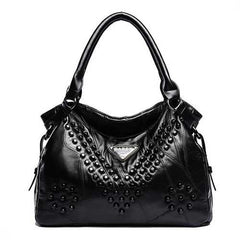 Women Genuine Leather Rivet Fashion Patchwork Handbag
