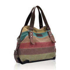 Women Casual Stripe Canvas Handbags Micro-Fibric Leather Sho