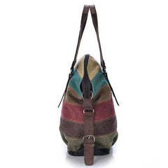 Women Casual Stripe Canvas Handbags Micro-Fibric Leather Sho