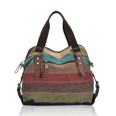 Women Casual Stripe Canvas Handbags Micro-Fibric Leather Sho
