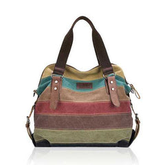 Women Casual Stripe Canvas Handbags Micro-Fibric Leather Sho